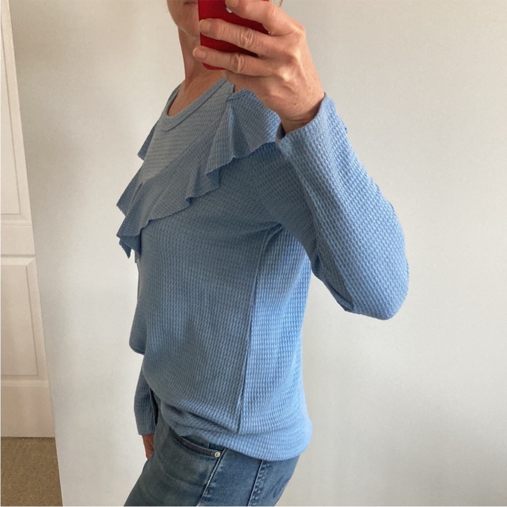 Women's Blue Ruffle Cold Shoulder Top - Picture 5 of 8